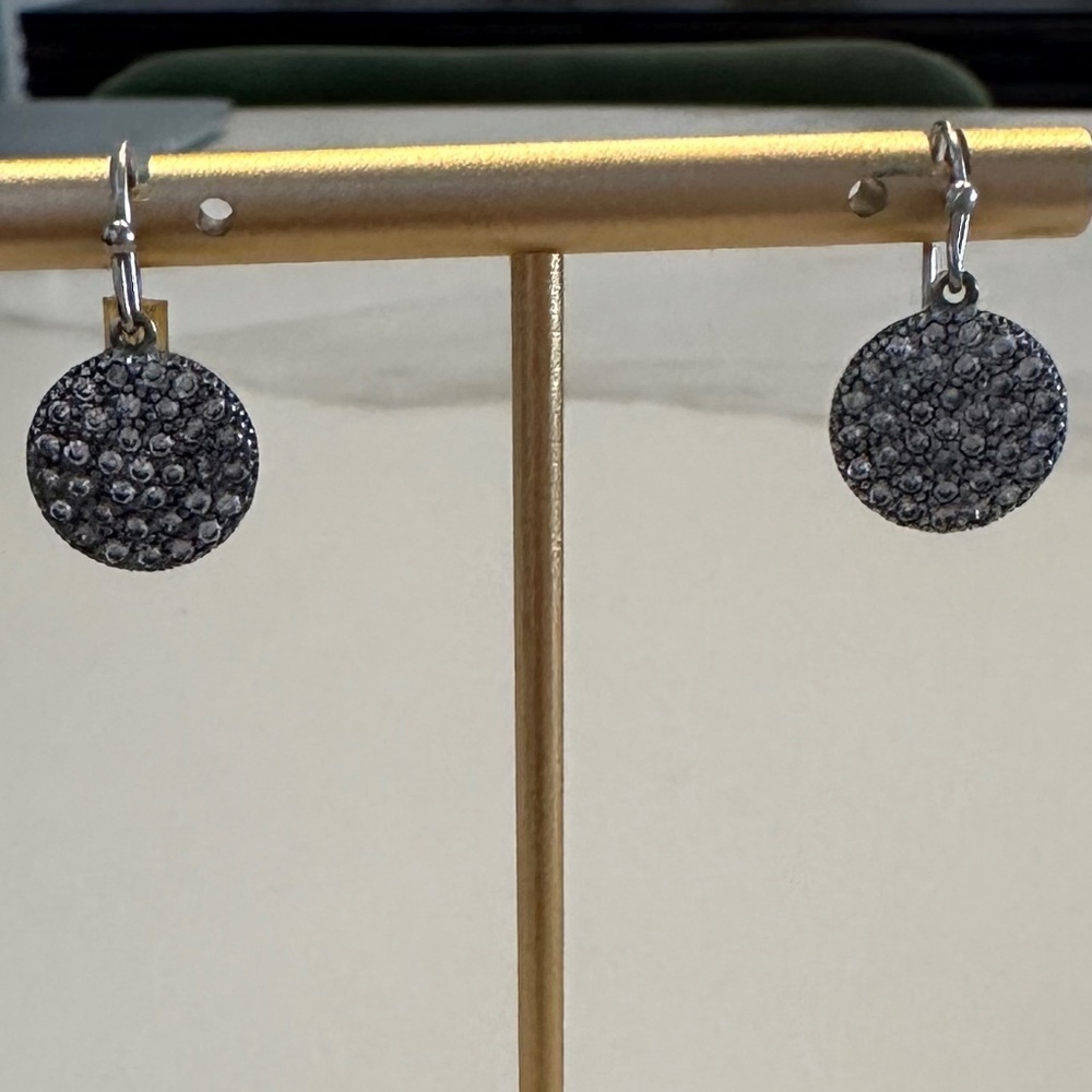 Silver Textured Disc Drop Earrings with Crystals - Picture 4 of 11